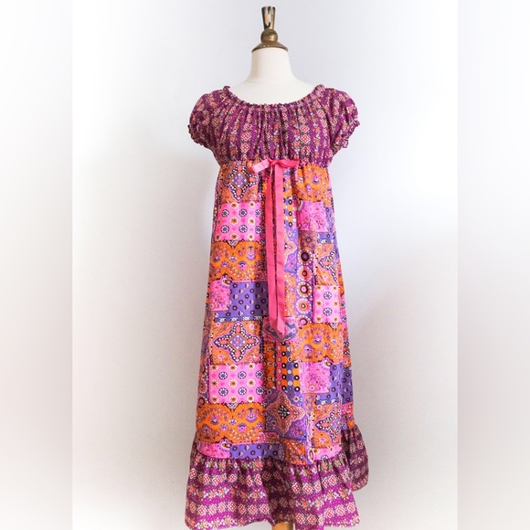 Vintage 1960’s Neon Groovy Ruffled Maxi Dress • S - Picture 1 of 7